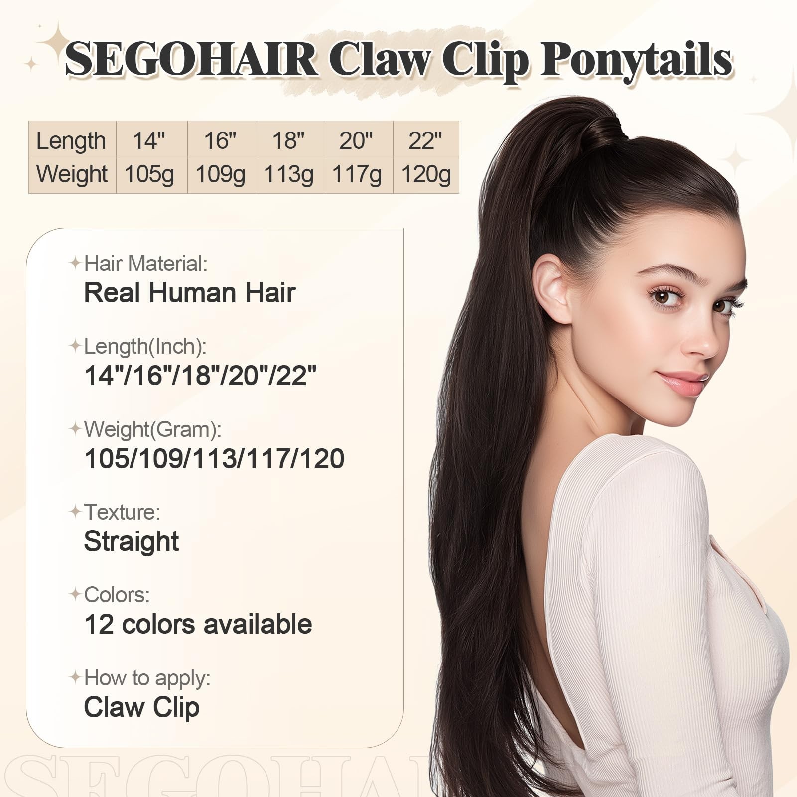 Segohair Human Hair Ponytail Extension Claw Clip Natural Look Soft 14-22 More