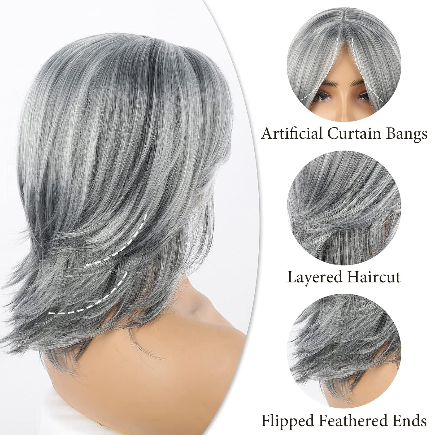 Synthetic Silver Gray Mixed Wavy Short Bob Wigs Shoulder Length for Women Daily