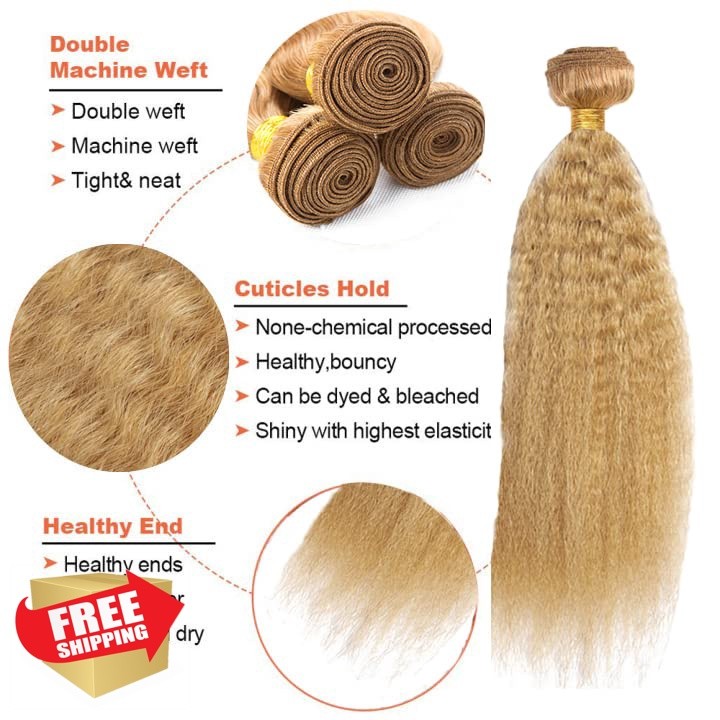 GtaiiReu 24 26 28 Inch #27 Blonde Yaki Straight Human Hair Bundles