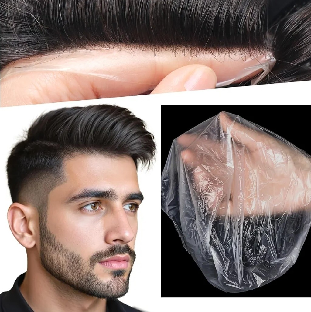 Mens Toupee 0.03mm Ultra Thin PU Skin Real Human Hair Replacement V-loop 8×10 1B