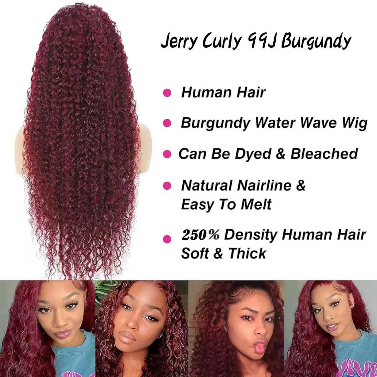 Brazilian Virgin 250% Density 5×5 Jerry Curly Burgundy 99J Human Hair