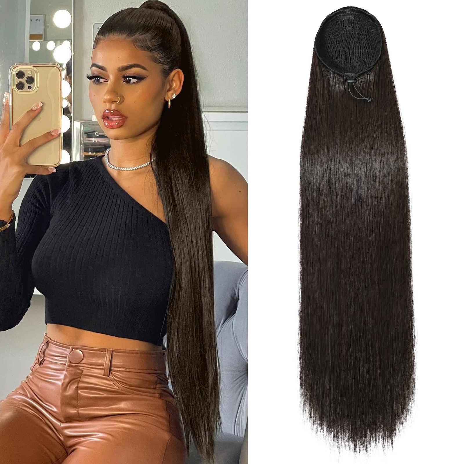 Ponytail Extensions Drawstring Long Straight Fake Pony Tail Natural Soft Clip…