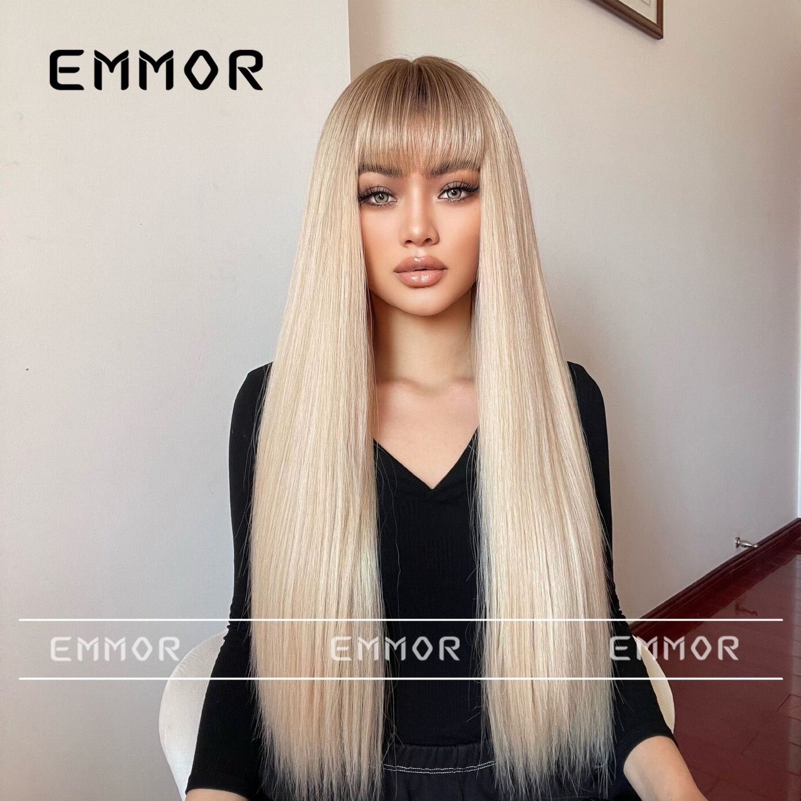 Smooth Long Straight Wig With Bangs Natural Looking Synthetic Hair For Women
