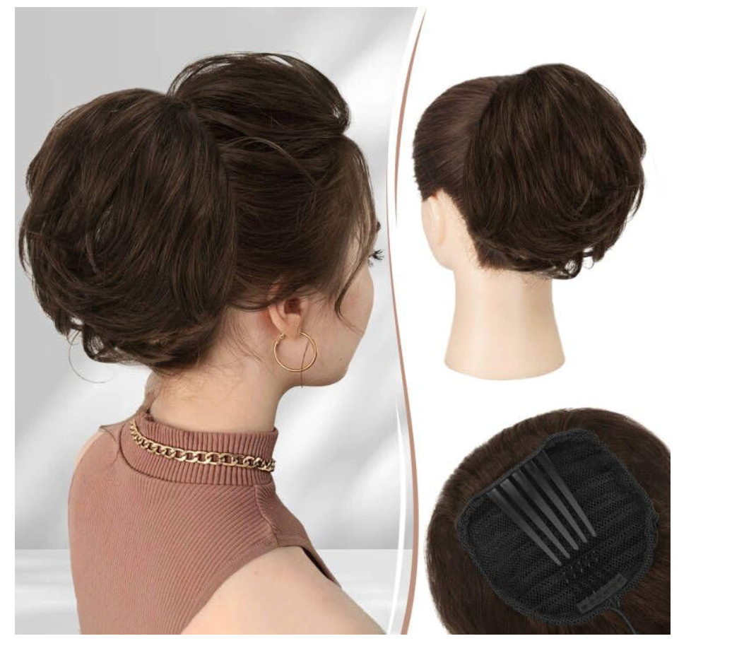 RUWISS Real Human Hair Bun Drawstring Ponytail Extension Dark Brown