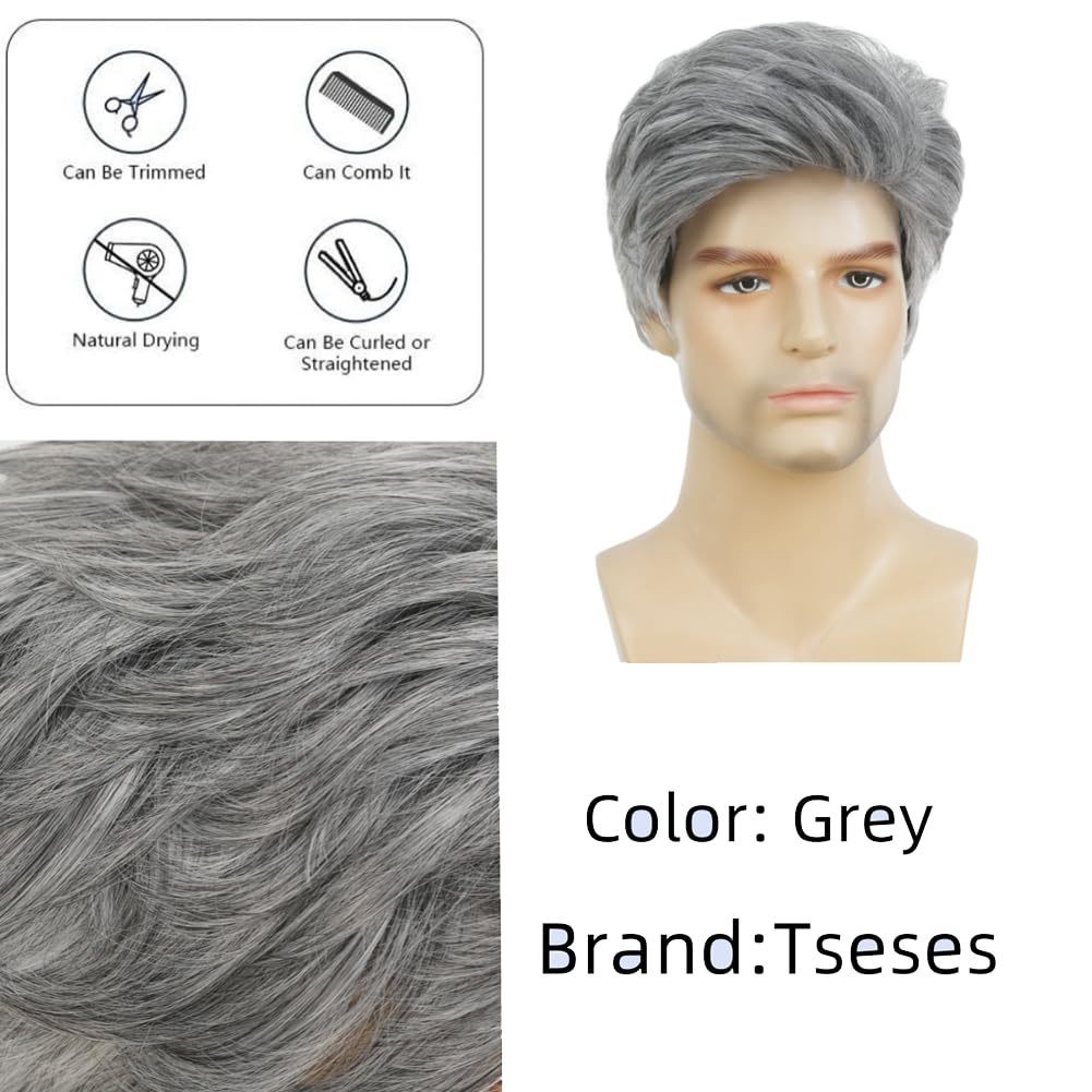 6in Men’s Short Silver Gray Wig Full Heat Resistant Synthetic Cosplay Party