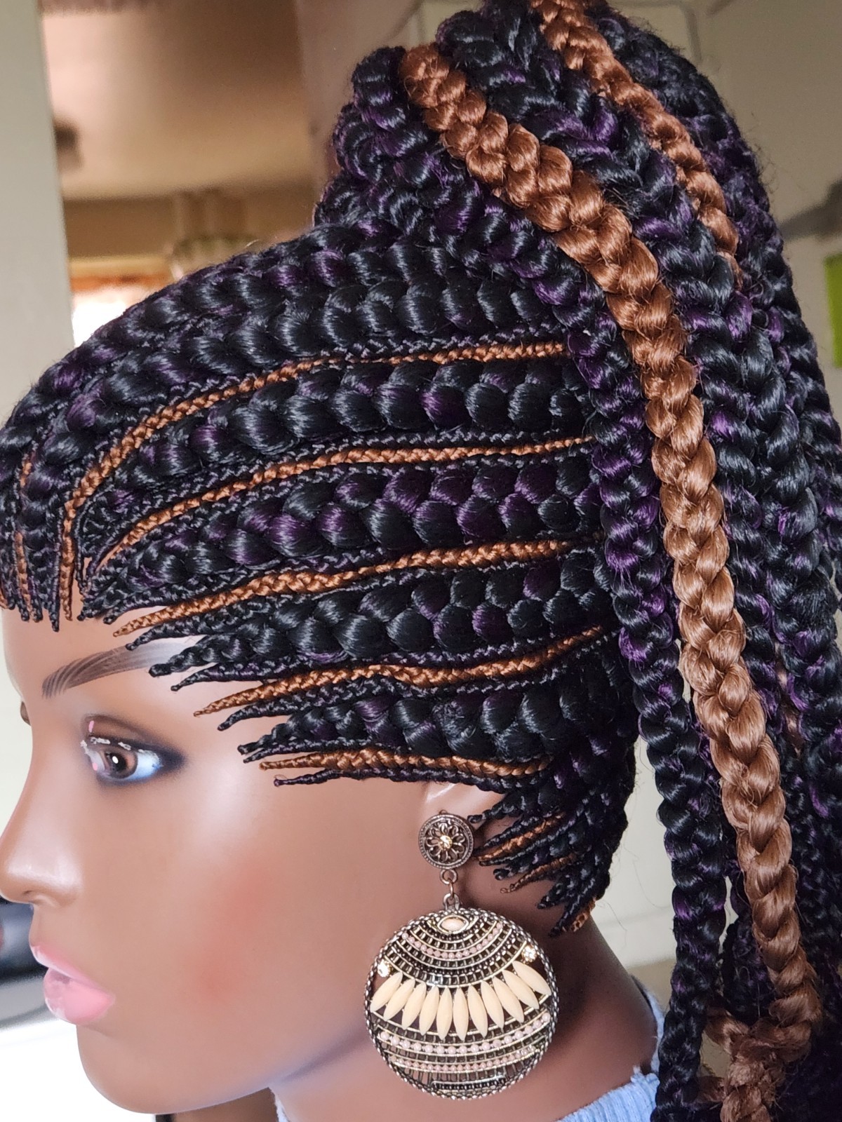 handmade braided Ghana banana cornrows wig poney tail 1B mix Dark purple/Dark br