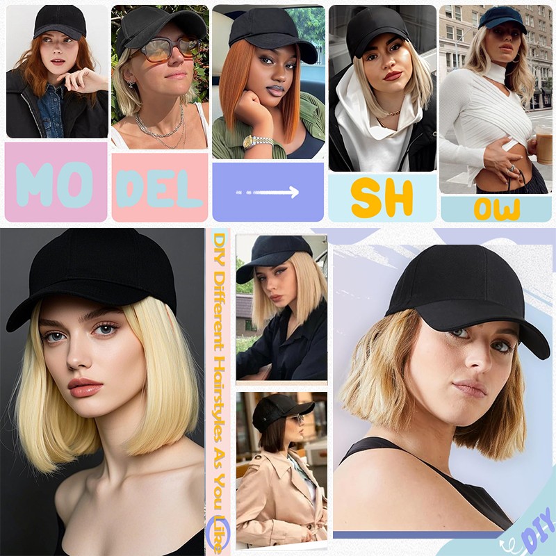 8 In Hat Wig With Hair Attached For Women Black White Brown Baseball Beanie Cap