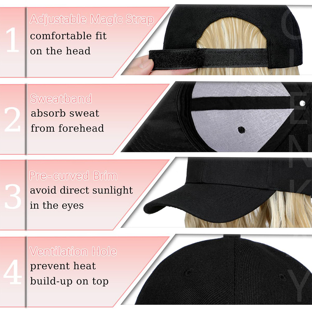 Baseball Hat Cap with Fake Hair Soft Long Wavy Hair Wigs Caps for Women 6″-18″