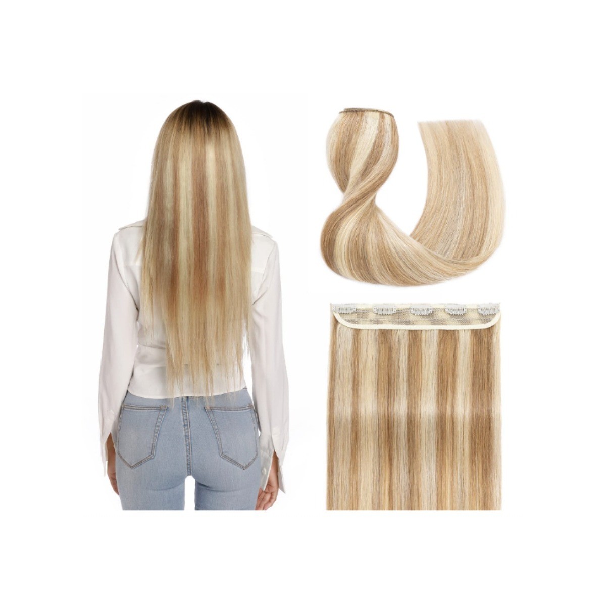 18 in Remy Human Hair Clip In Extension Golden Brown Bleach Blonde 5 Clips 90g
