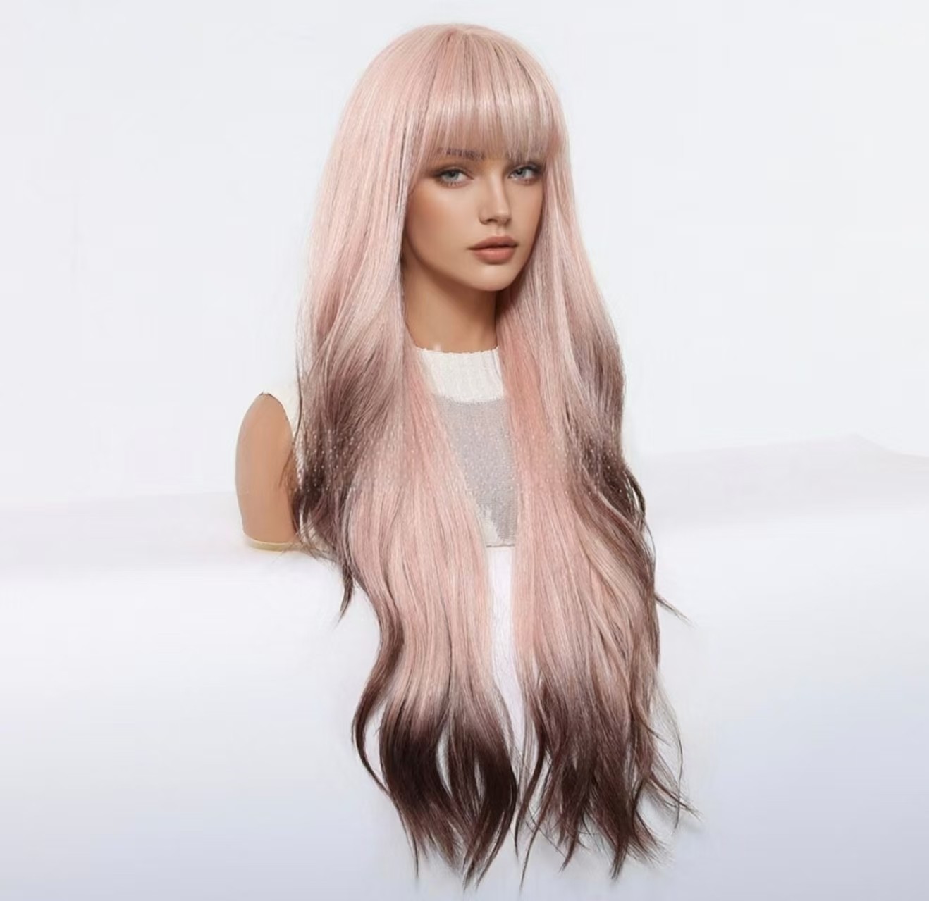 Pink Wigs with Bangs for Women Girls Cosplay Party Long Wavy Natural Synthetic