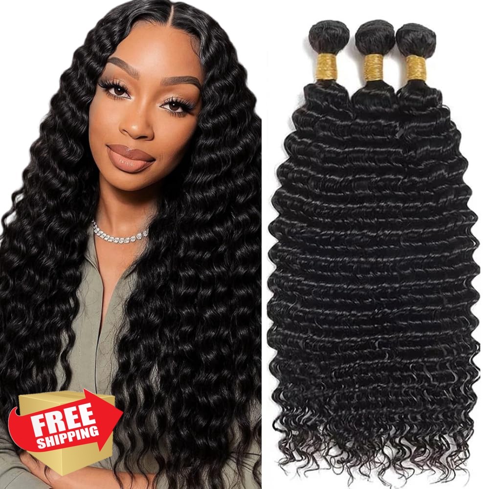 CnumGunm 30 32 34 Inch Deep Wave Human Hair #1b Black FD
