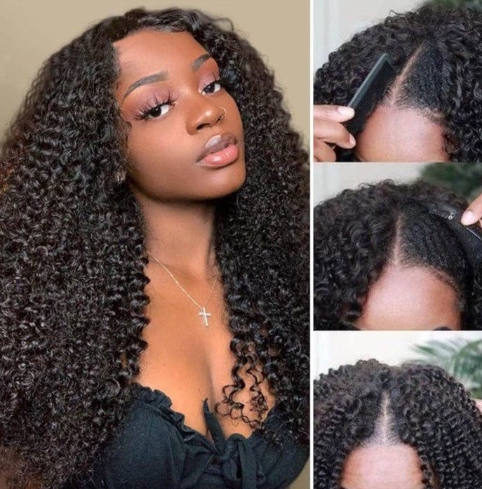UNICE V Part Curly Human Hair Wig 18” Natural Black 180% Density Glueless U Part