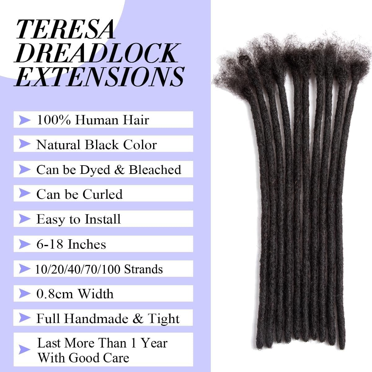 Jiajia Teresa Dreadlock Extensions Real Human Hair 10 Inch 0.2Cm Width Loc