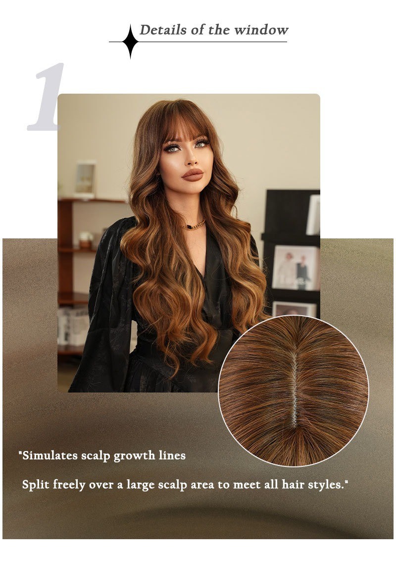 Golden highlighted long curly hair with big waves and bangs wigs