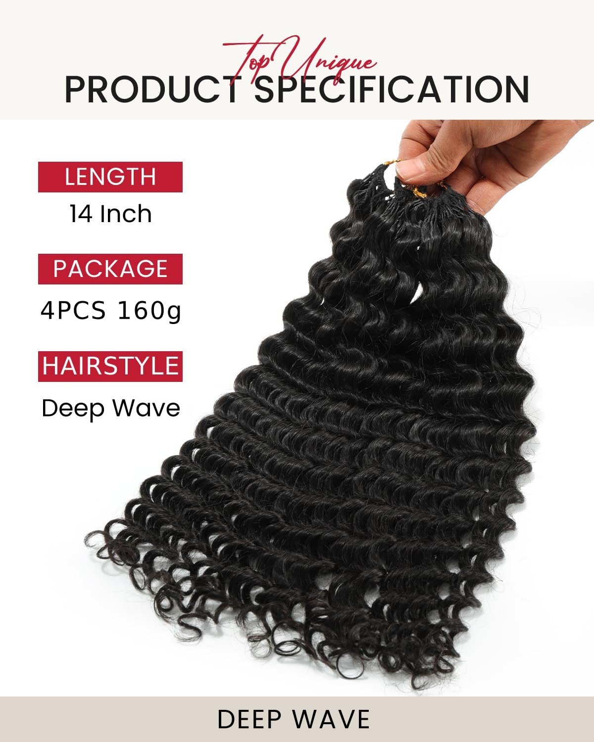 Topunique 14 Inch Deep Wave Pre-Separated Crochet Human Hair 160G Invisible