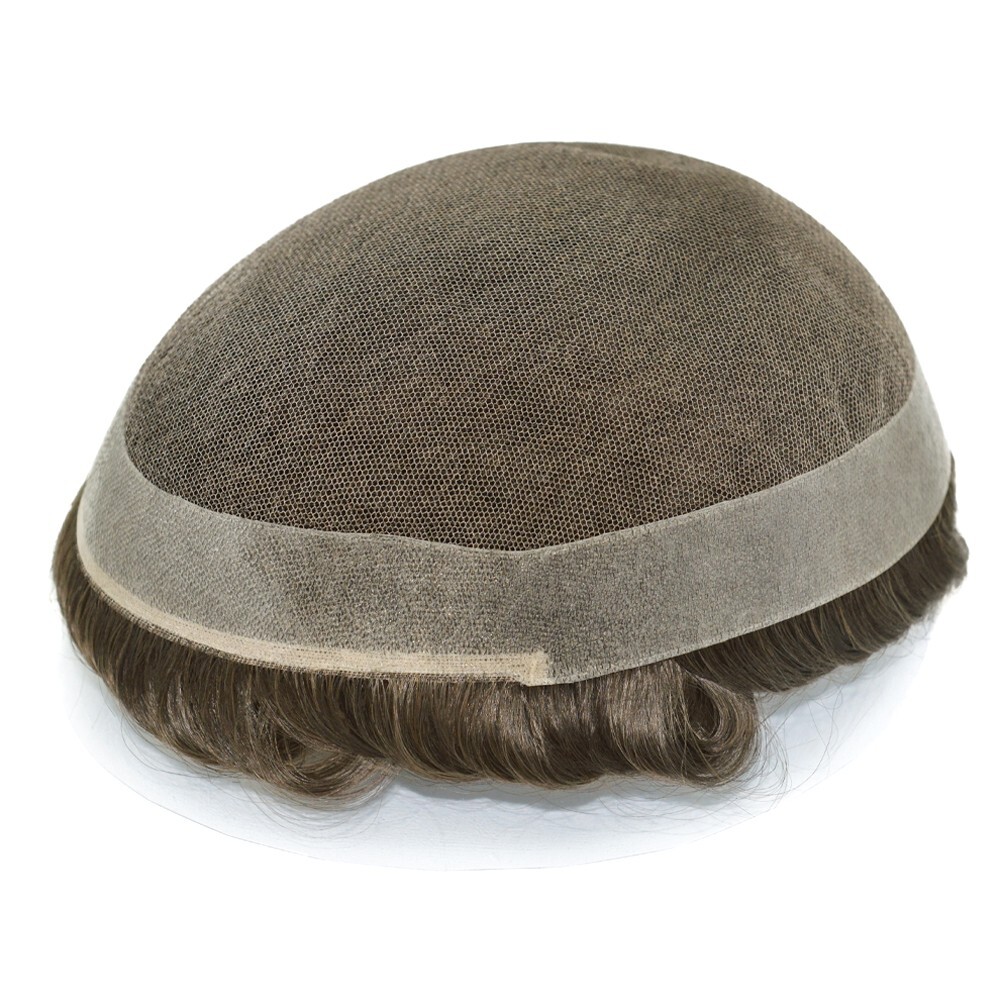 Mens Toupee French Lace Human Hair Replacement Poly System Brown Hair Pieces #6
