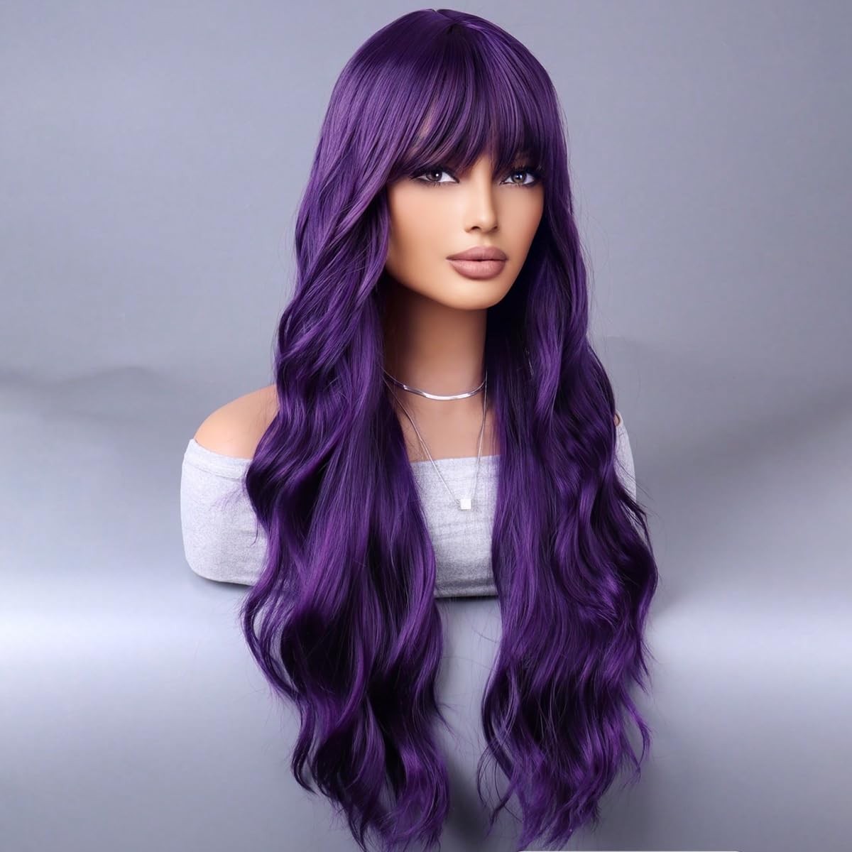 Dark Purple Wigs for Women Long Curly Wavy Dark Purple With Bangs Heat Resist…