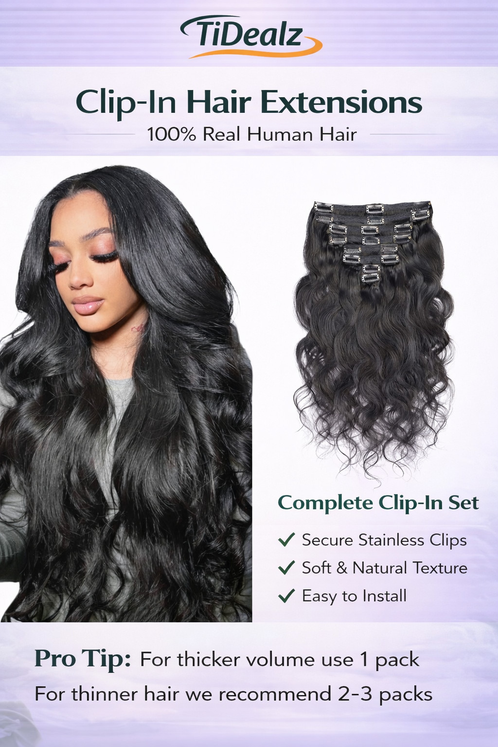 16 Inch Body Wave Clip-In Human Hair Extensions – 1B Natural Black Brazilian Rem