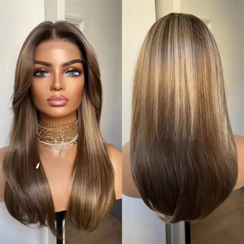 Balayage Caramel Honey Brown Blonde Highlight 100% Human Hair Lace Front Wigs