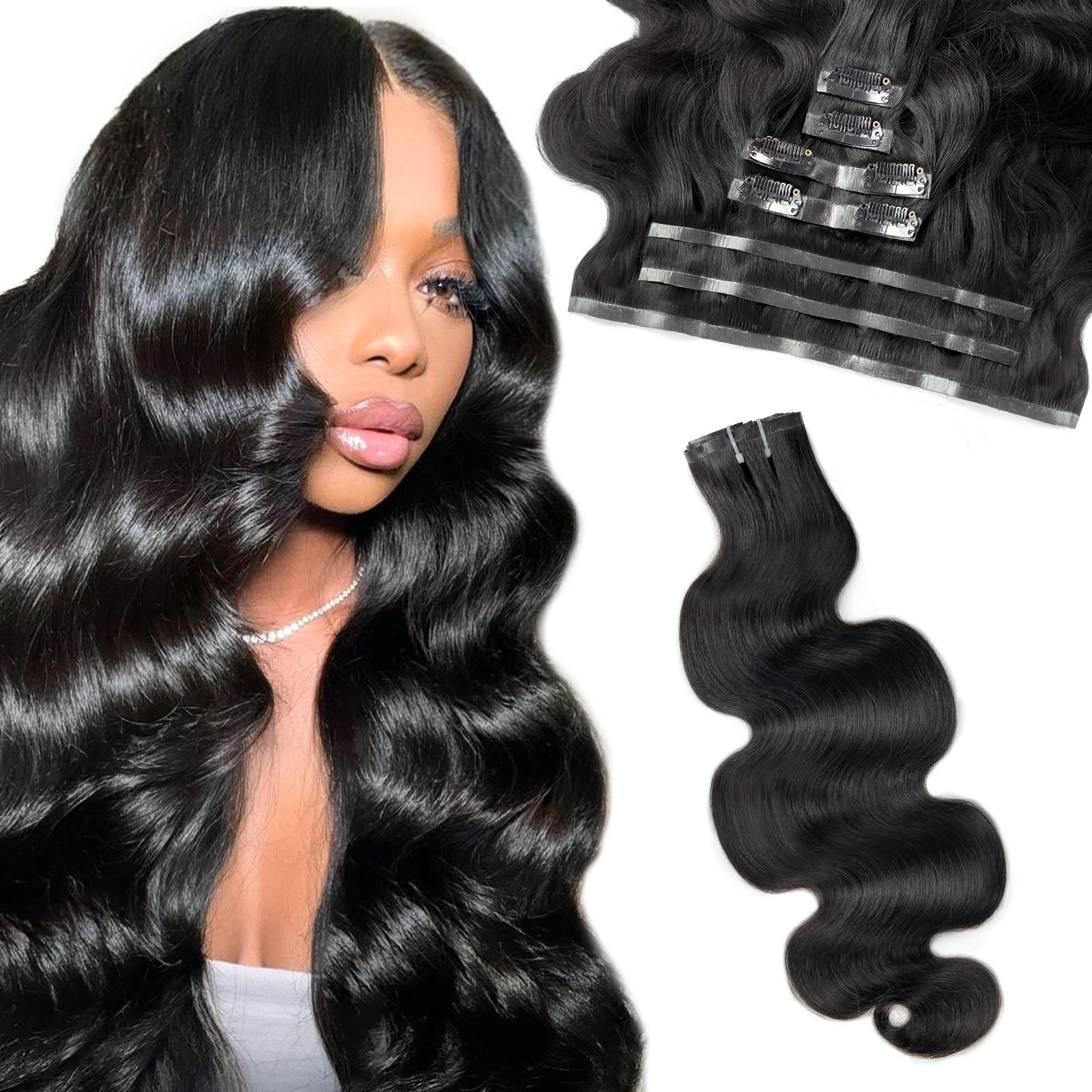 Seamless Body Wave Clip in Extensions 14 inch 110g 7pcs Real Human Hair #1B