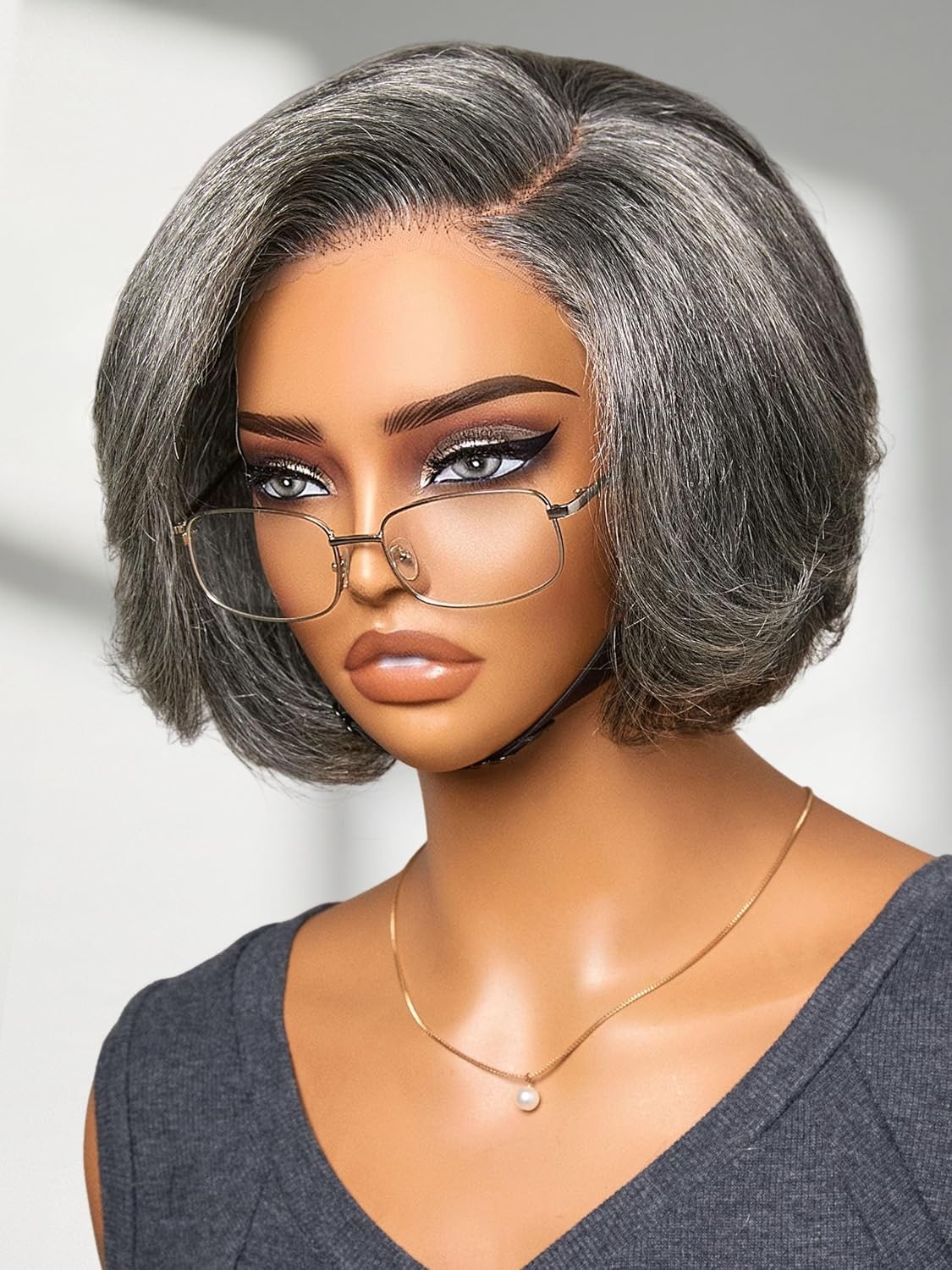 Salt and Pepper Layered Bob Wigs for Women Gray 100% Human Hair Lace Front Wigs