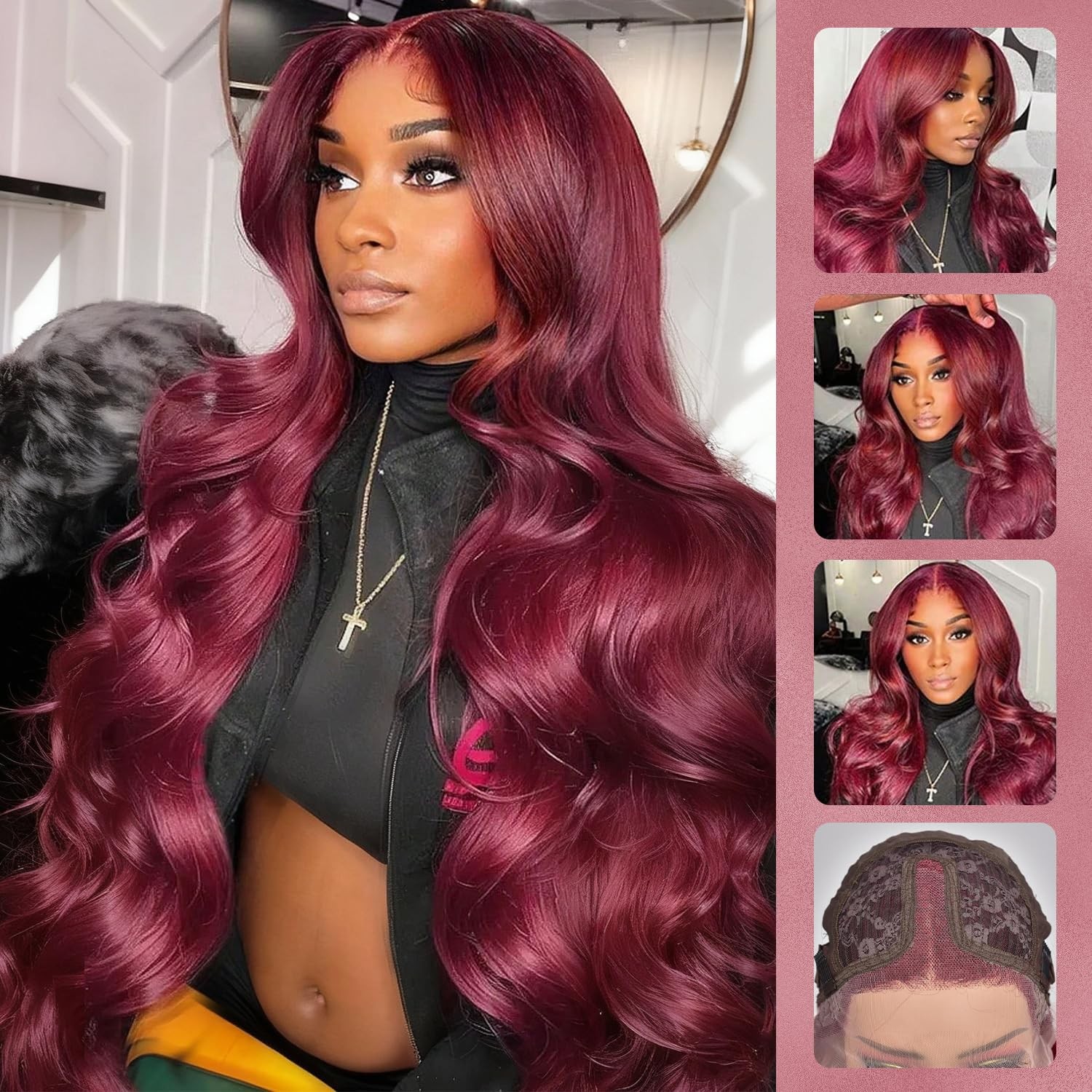 Alimoonbeam 26 Inch 99J Burgundy T Part Lace Front Wigs Human Hair Red Burgundy