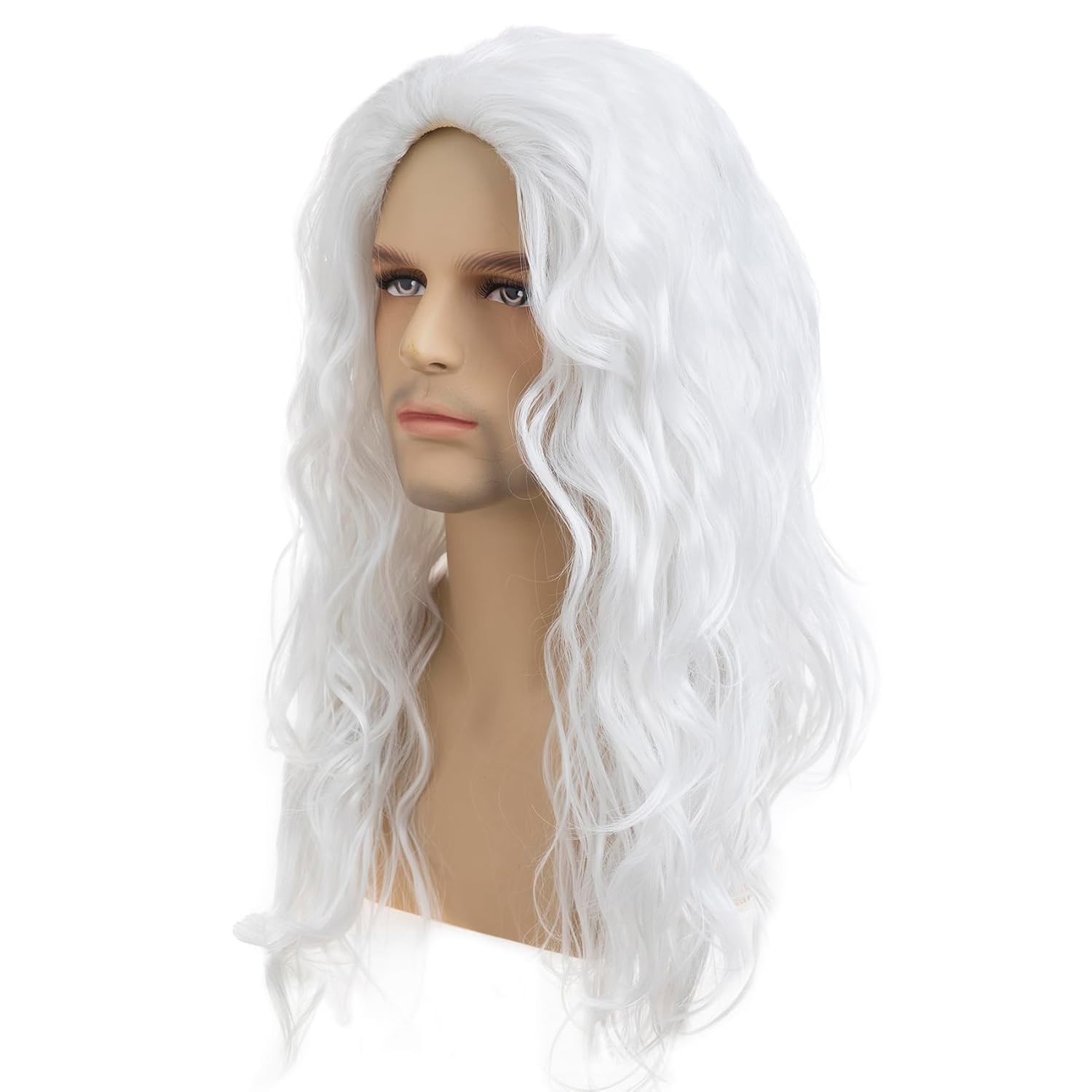 Mens White Wig Long Curly Wavy Wig for Men Middle Part Synthetic Heat Resista…