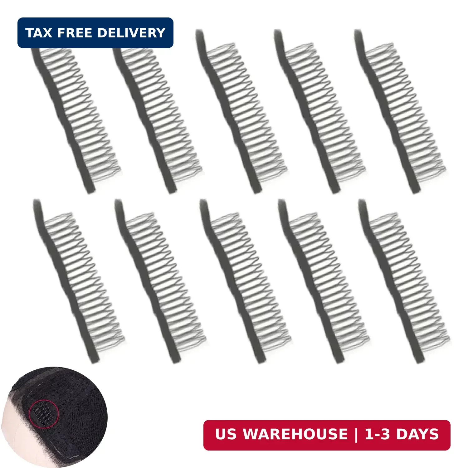 10 Pack Wig Comb Long 20 Teeth Clips Black Wire with Cloth Sewing Combs Wearing