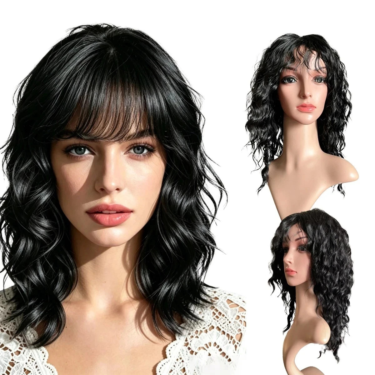 Women’s Black Body Wavy Wig Synthetic Wig with Bangs Curly Hair M106