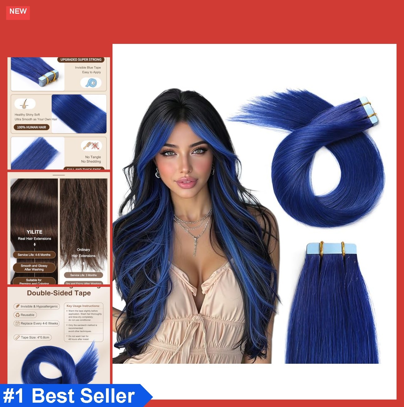 Tape in Hair Extensions Human Hair 12 Inch 40g Remy Blue Straight Seamless Skin