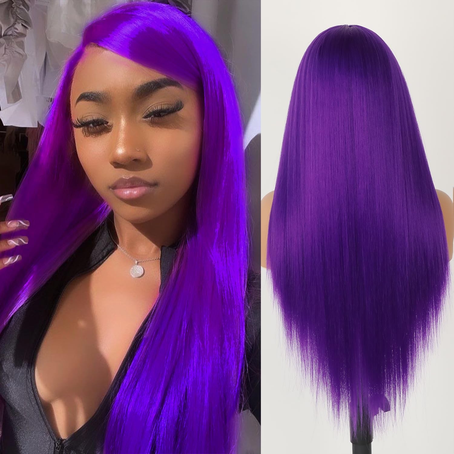 Missyvan Synthetic Lace Front Wig Long Straight Dark Purple Lace Front