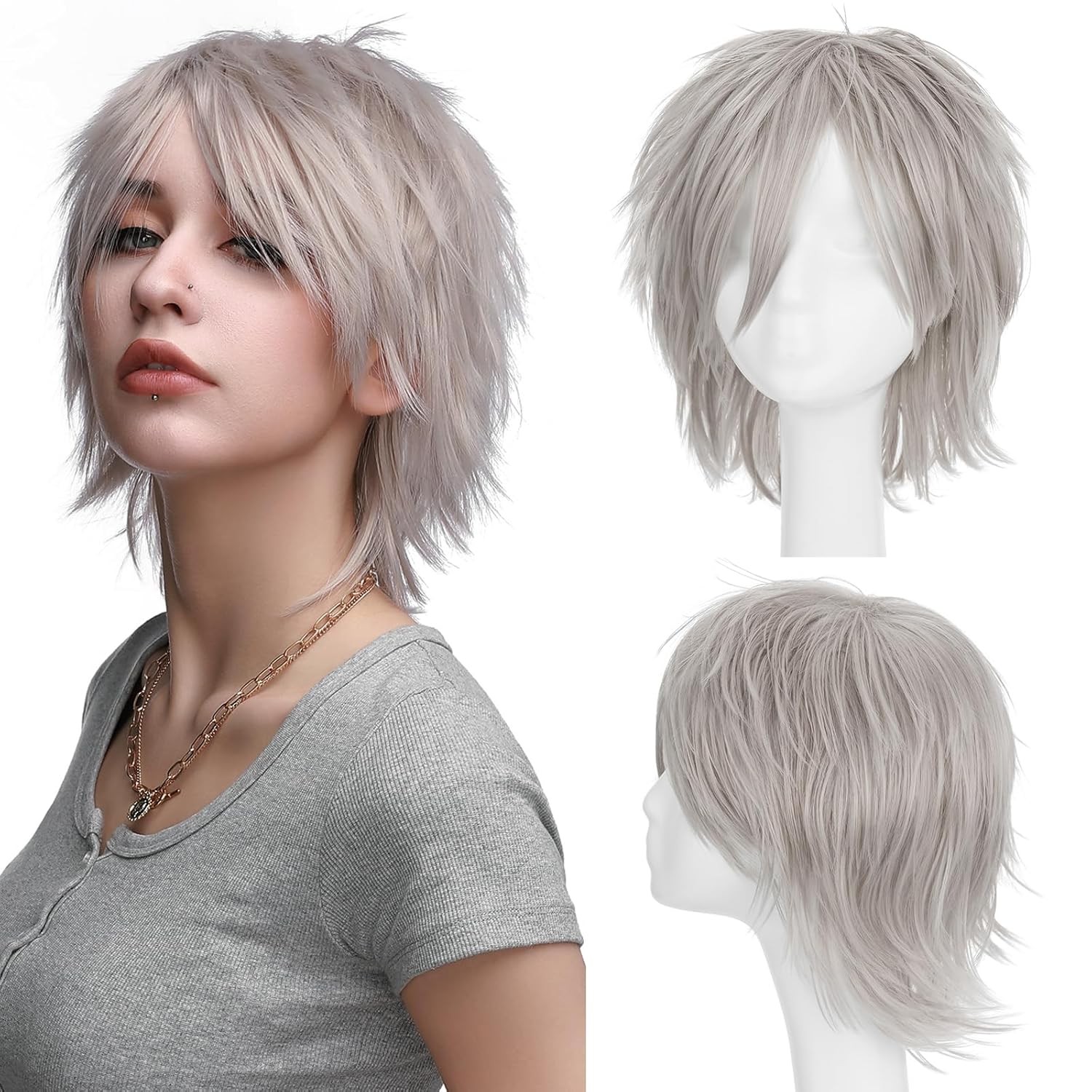 Unisex Short Green Wig Women Men’s Short Layered Fluffy Spiky Wigs with Bangs