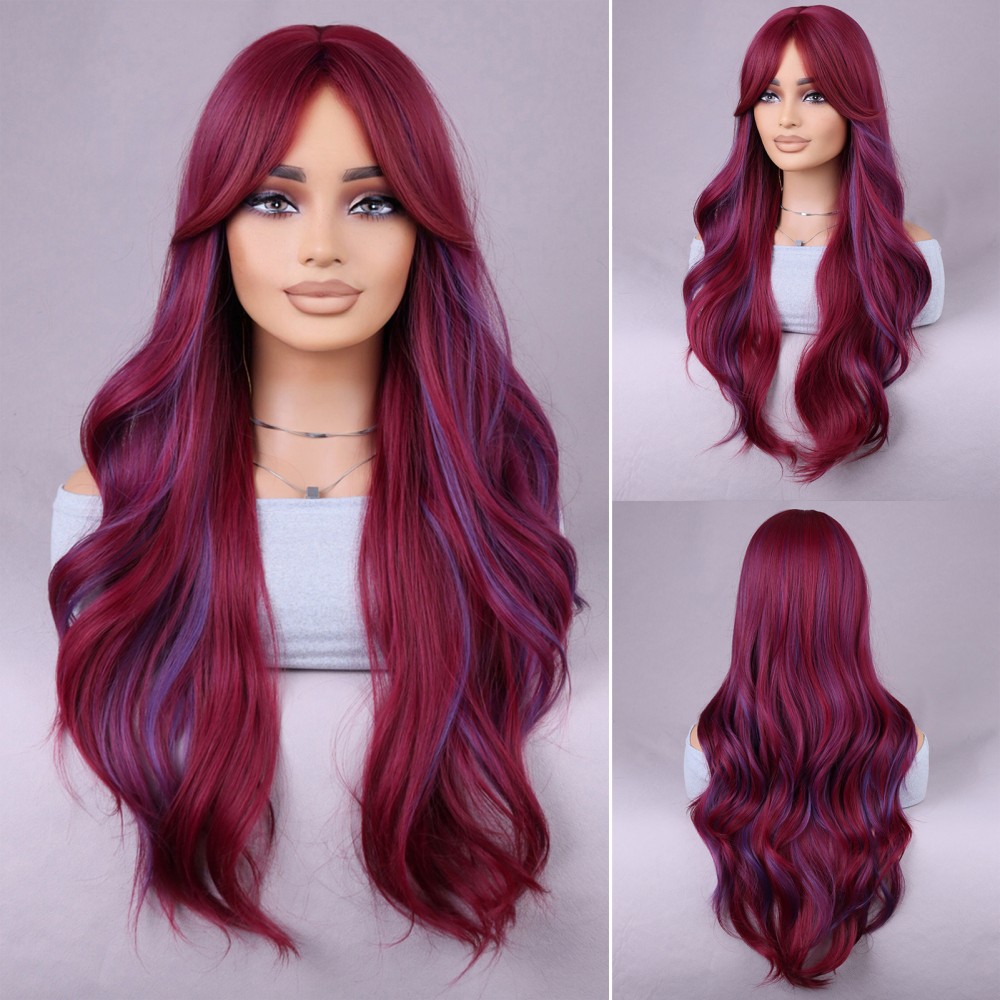 28inch Woman Girls Daily Use Hair Styling Wine-Red Wavy Hair Cosplay Wigs