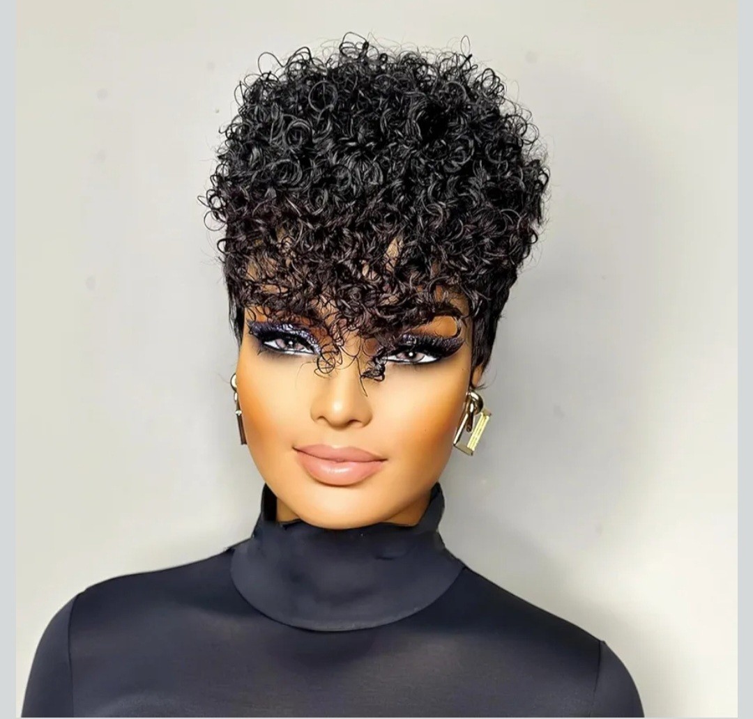 Women’s Short Black Curly Pixie Synthetic Wig, One Size, Adjustable Strap