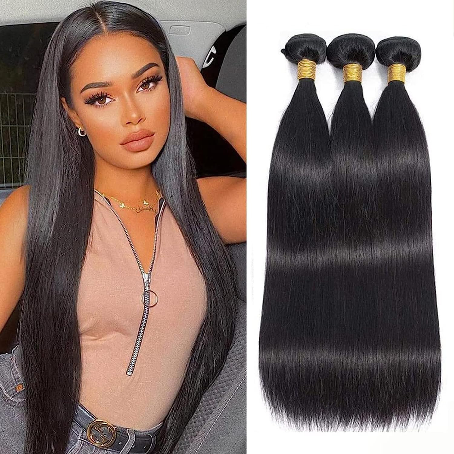 1B Straight Bundles Yaki Hair 3 bundle deal 10 12 18 Inch weave black synthetic