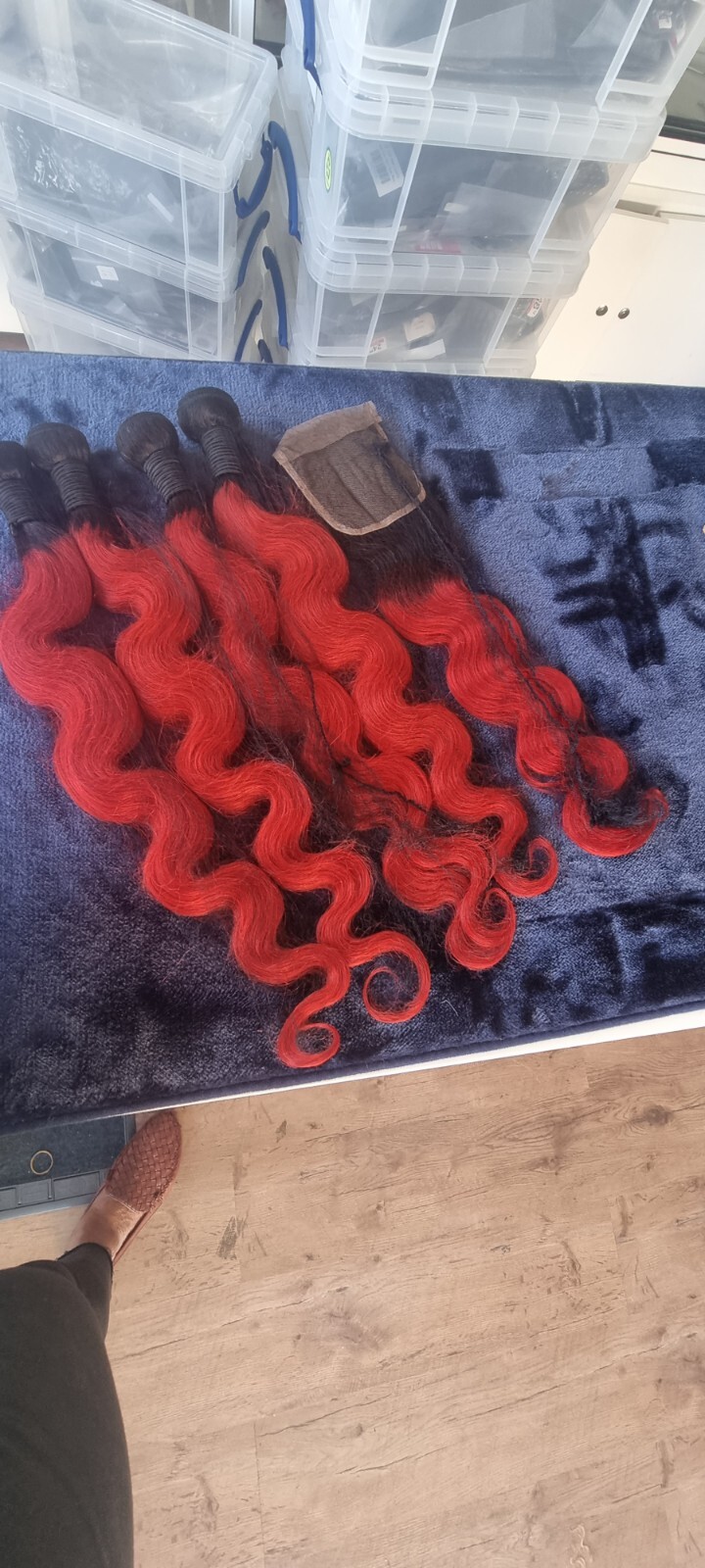 2TONES OMBRE 1B/RED BRAILIAN VIRGIN HUMAN HAIR BODY WAVES 26+26+28+28&24 CLOSURE