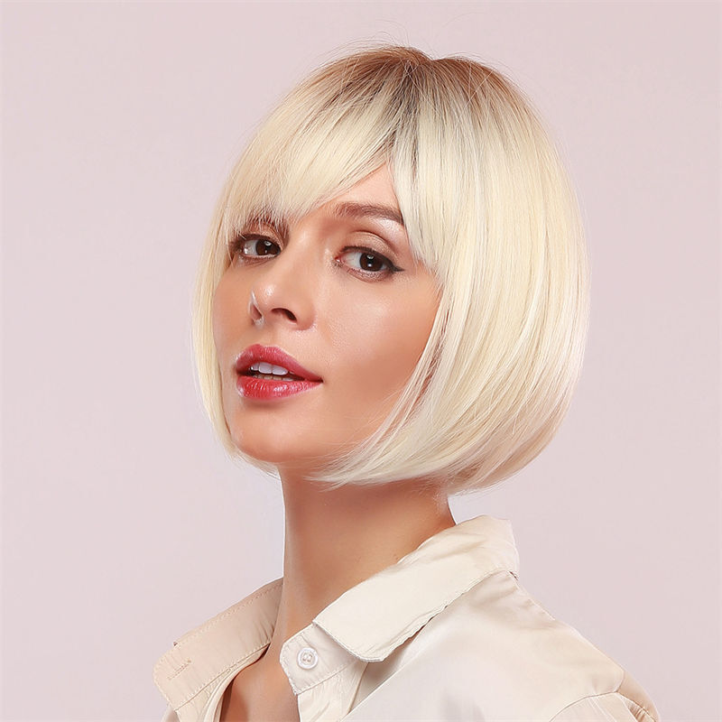 Pink Bobo Short Hair Full Head Cover Gradient Fashion Straight Bangs Wig