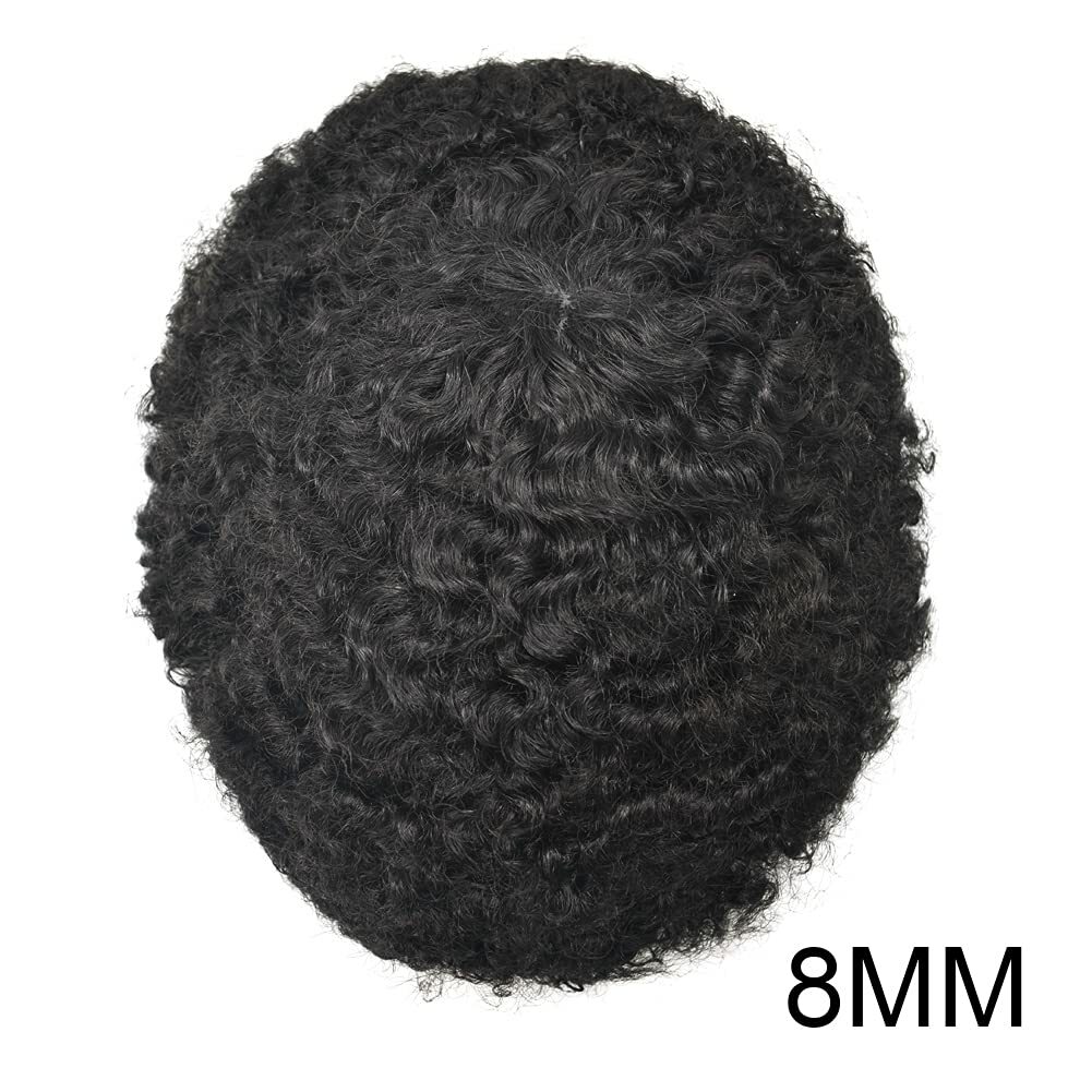 Men Toupee Afro Curly Wigs Breathable Lace Black Human Hair Replacement PU-F