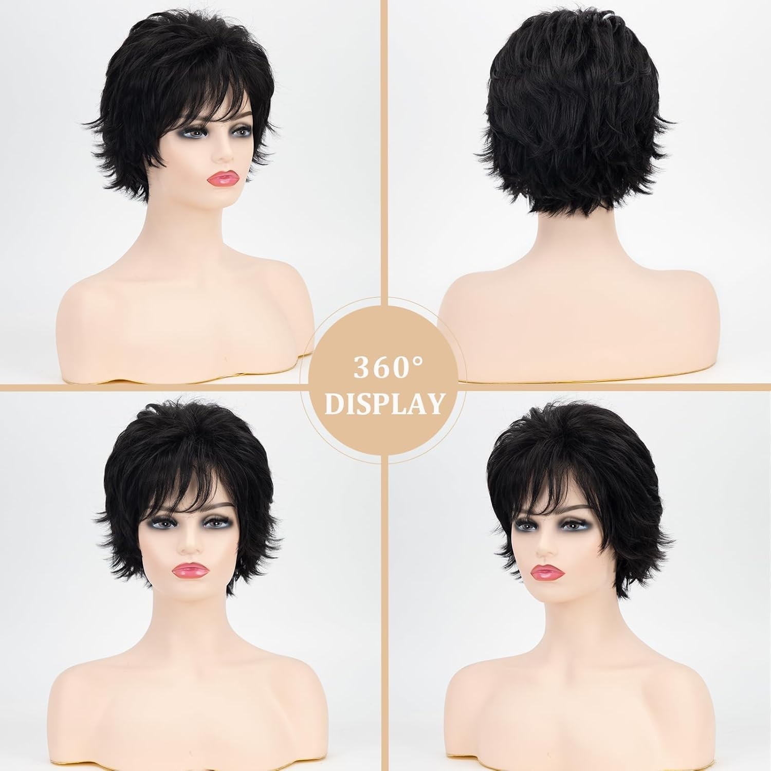 Black Short Curly Wigs for white Women Shaggy Layered Black Pixie Cut Wig wit…