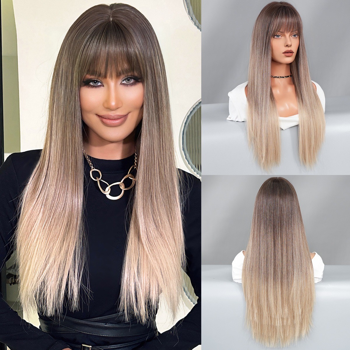 Long Straight Ginger Wig with Bangs for Women Synthetic Hair