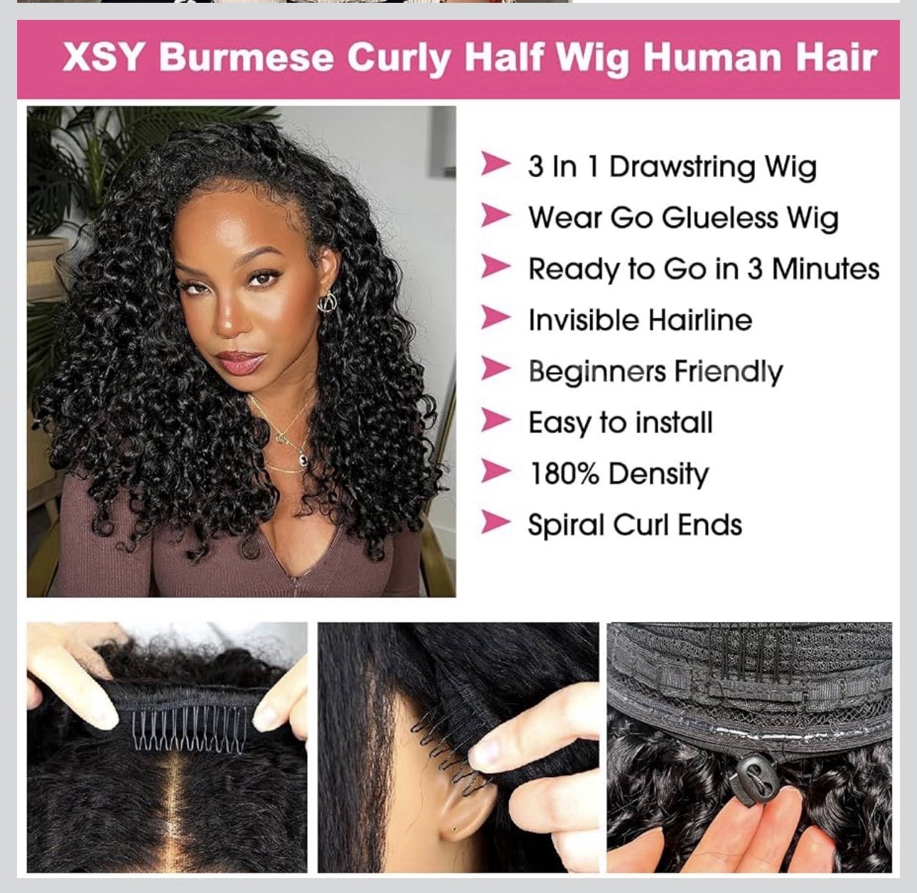 Burmese Curly half Wig Human Hair 18 Inch 180% Density