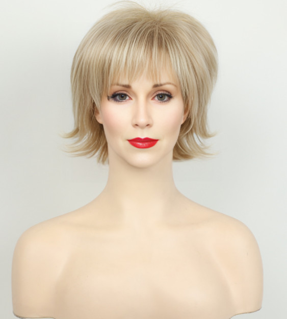 Short Wavy Hairstyle Blonde Mix Synthetic Hair Wigs Women Soft Natural