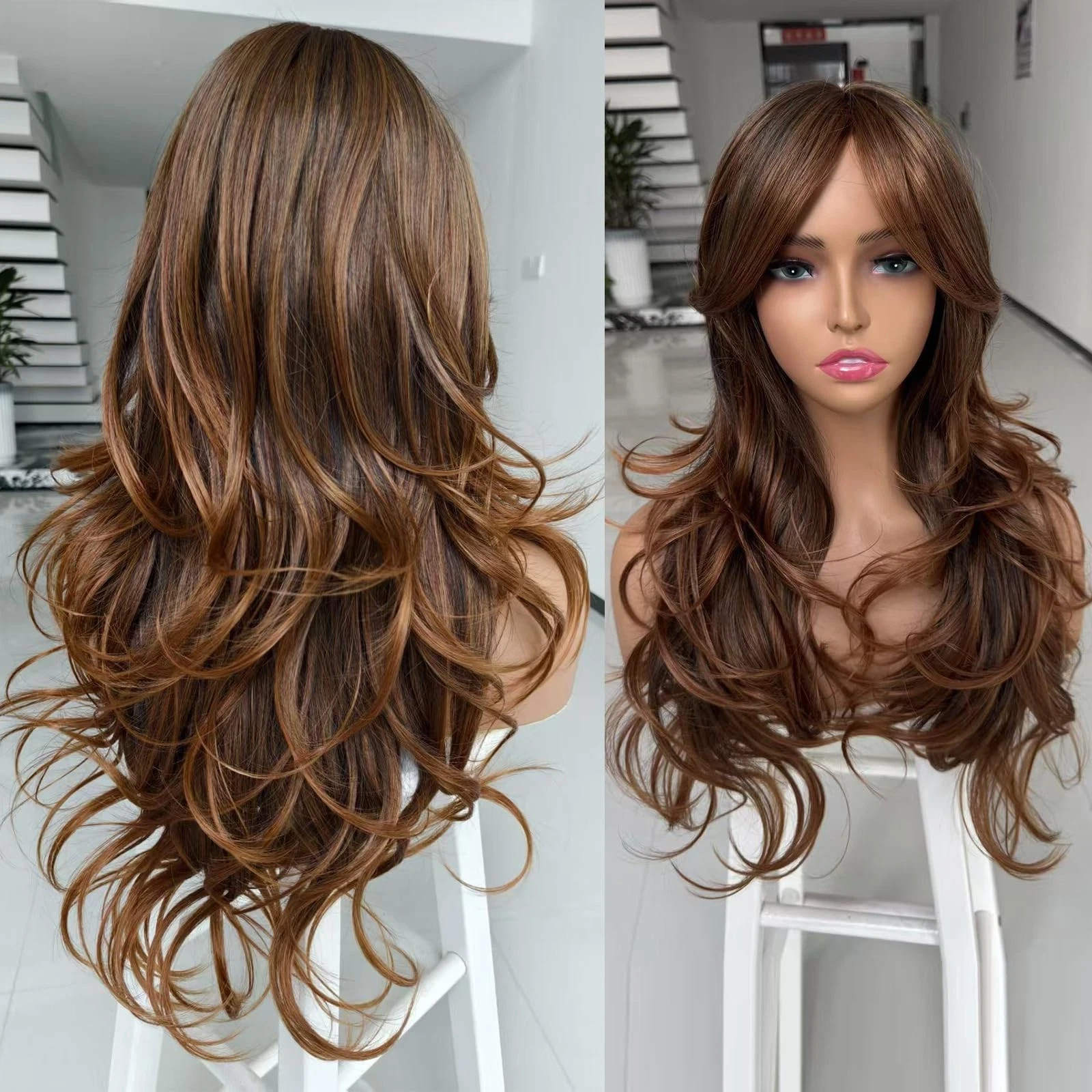 Ombre Brown Highlight Layered Wavy Wigs with Curtain Bangs for Black White Wo