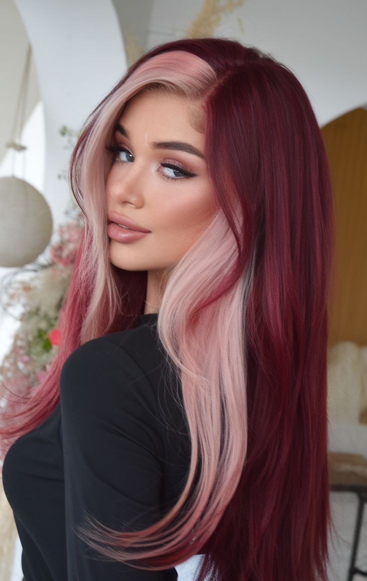 Burguny Wigs with Pink Stripe Highlight Wigs 100% Human Hair Lace Front Wigs