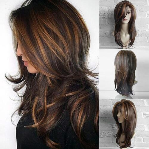 Dark Brown w/Gold Highlight Ombre Shoulder Length Wig Women Synthetic Curly Hair