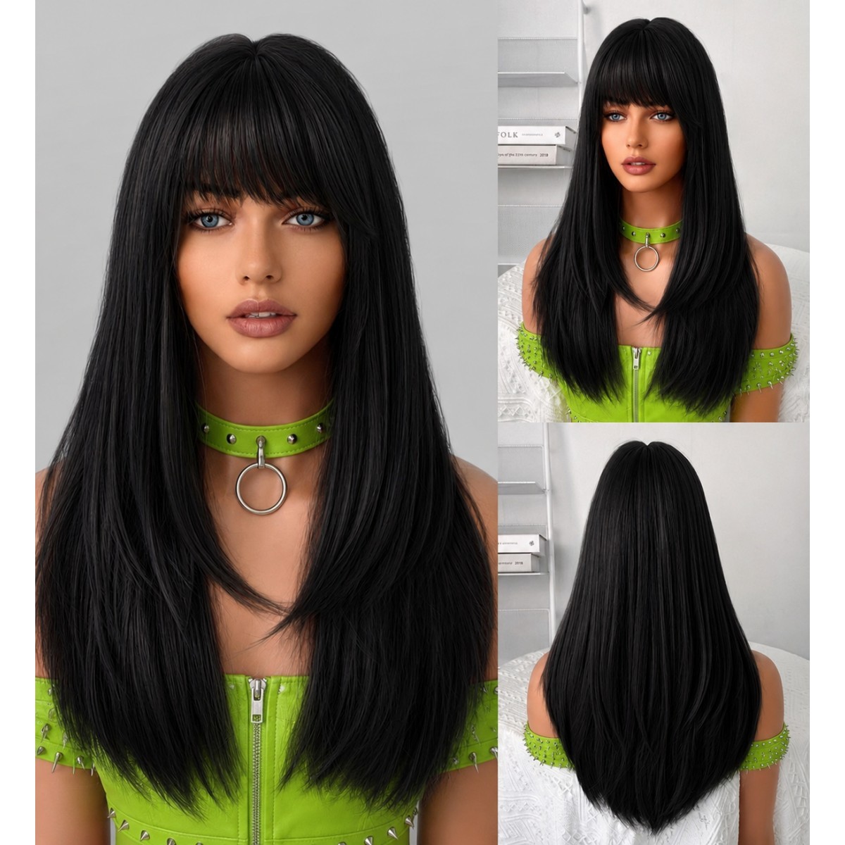 Cosplay Wig With Fringe Long Straight Natural Synthetic Hair Black