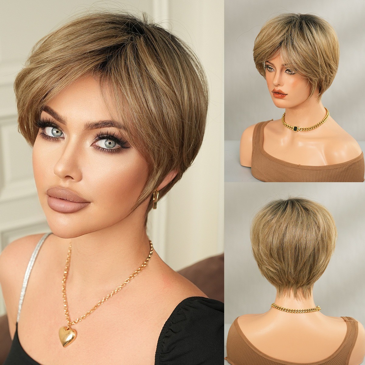 Cold-pressed brown short straight wig with rough-textured short hair