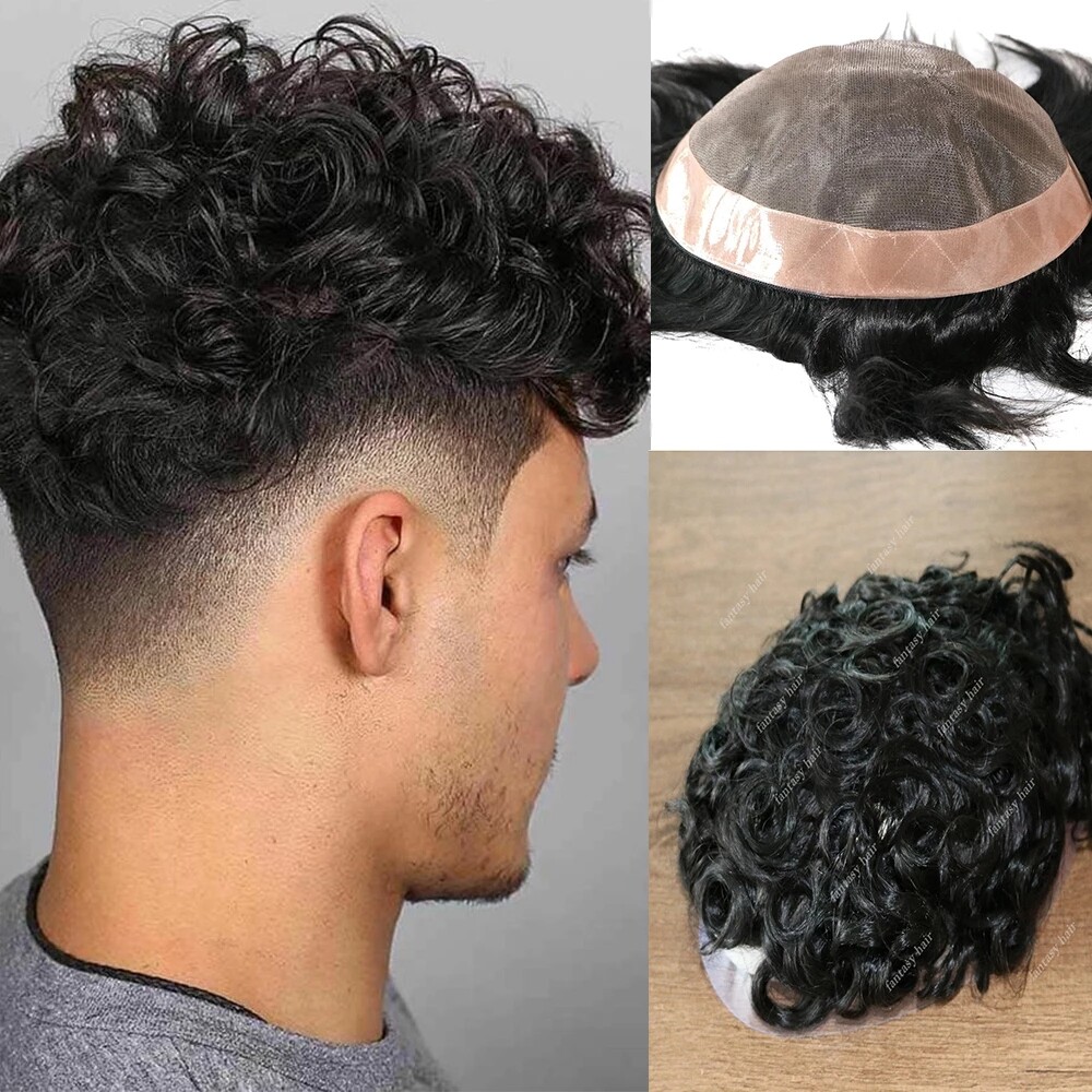 Toupee for Men 100% Human Hair Pieces Durable Fine Mono Lace Top 20 MM Curly Wig