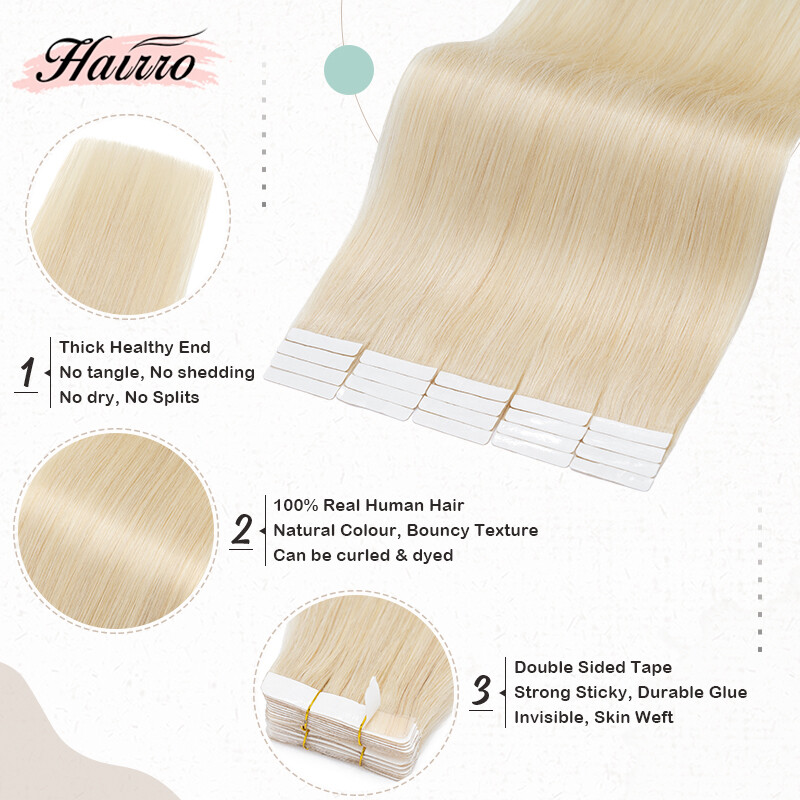 #60 Platinum Blonde Tape In Human Hair Extensions Russian Remy Skin Weft HAIRRO