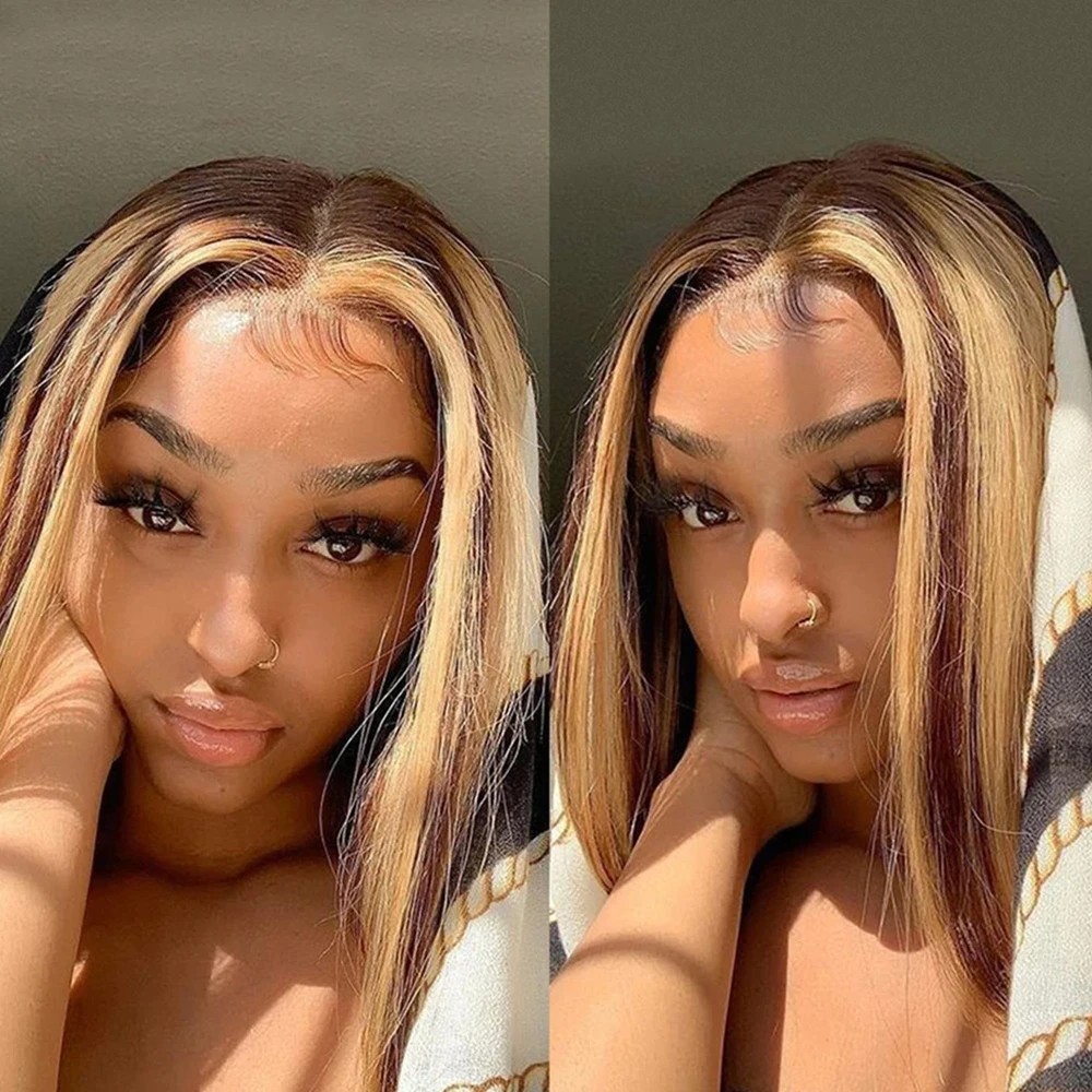180% Density Short Bob Wigs Highlight Straight Lace Front Wigs Blonde 13×4 HD